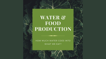 Water and Food Production E-talk. Text on image reads: Water & Food Production: how much water goes into what we eat?